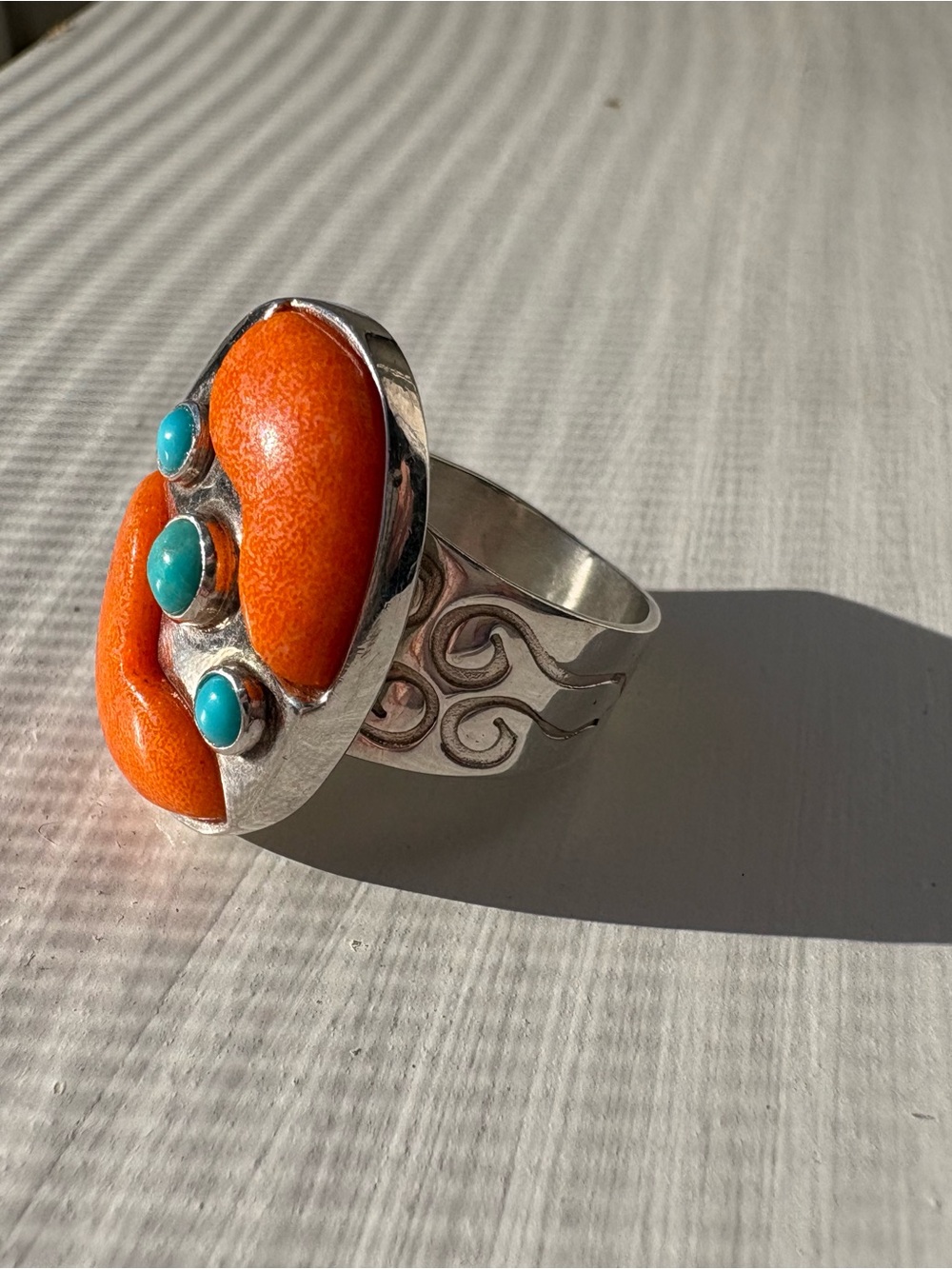Jay King Sterling Silver & Orange Coral and Turquoise Oval Ring. Size 7 - Picture 11 of 15